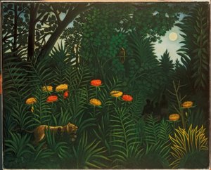 Exotisch landschap met tijger en jagers